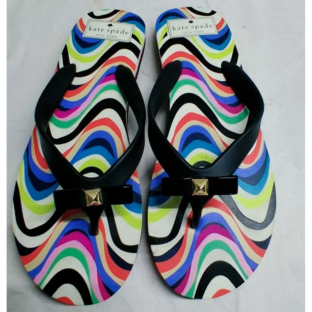 KATE SPADE NEW YORK Multicolor Swirl Bow Flip Flops Black Size 7 NWOT